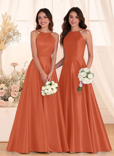 Classic Scoop Neck A-Line Floor-Length Satin Bridesmaid Dresses