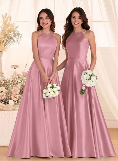 Classic Scoop Neck A-Line Floor-Length Satin Bridesmaid Dresses