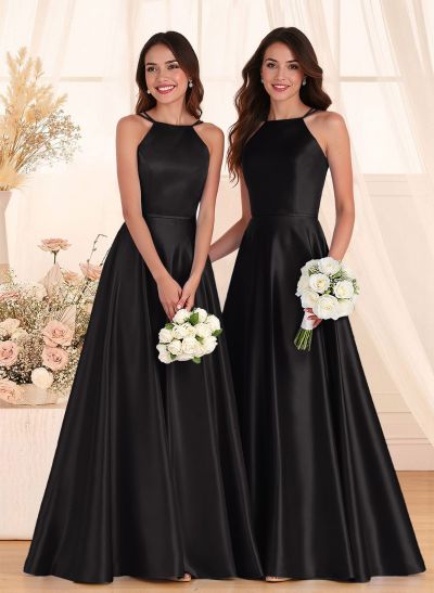 Classic Scoop Neck A-Line Floor-Length Satin Bridesmaid Dresses