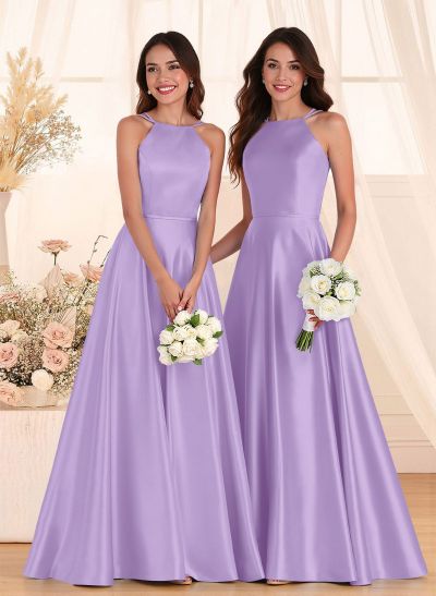 Classic Scoop Neck A-Line Floor-Length Satin Bridesmaid Dresses