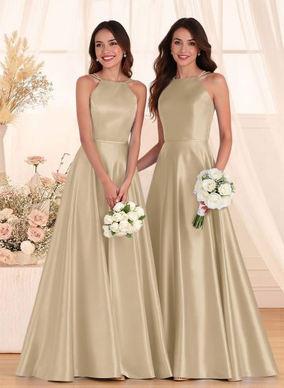 Classic Scoop Neck A-Line Floor-Length Satin Bridesmaid Dresses