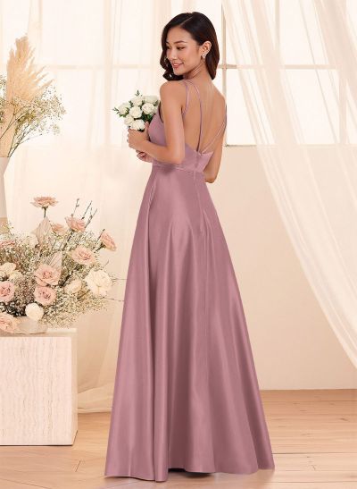 Classic Scoop Neck A-Line Floor-Length Satin Bridesmaid Dresses