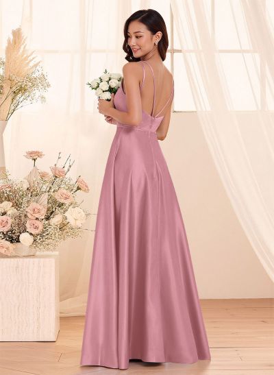Classic Scoop Neck A-Line Floor-Length Satin Bridesmaid Dresses