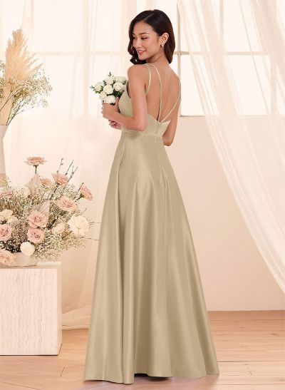 Classic Scoop Neck A-Line Floor-Length Satin Bridesmaid Dresses