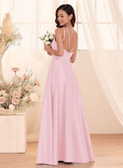 Classic Scoop Neck A-Line Floor-Length Satin Bridesmaid Dresses