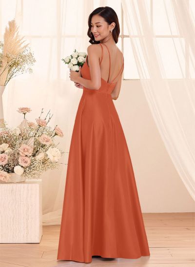 Classic Scoop Neck A-Line Floor-Length Satin Bridesmaid Dresses