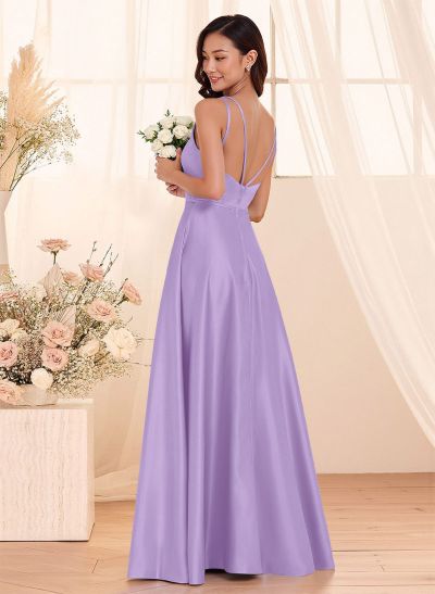 Classic Scoop Neck A-Line Floor-Length Satin Bridesmaid Dresses