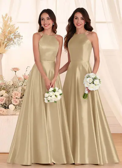Classic Scoop Neck A-Line Floor-Length Satin Bridesmaid Dresses - Missacc