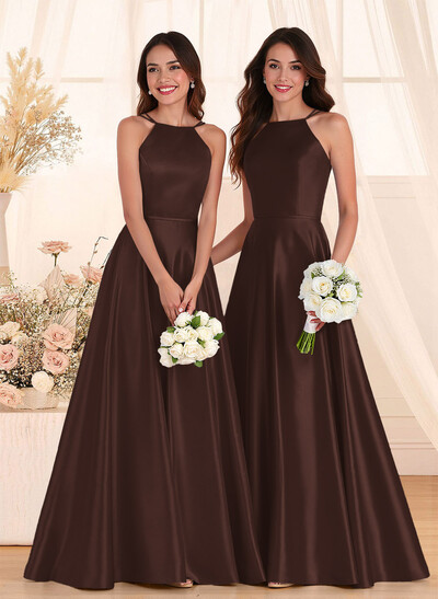 Classic Scoop Neck A-Line Floor-Length Satin Bridesmaid Dresses