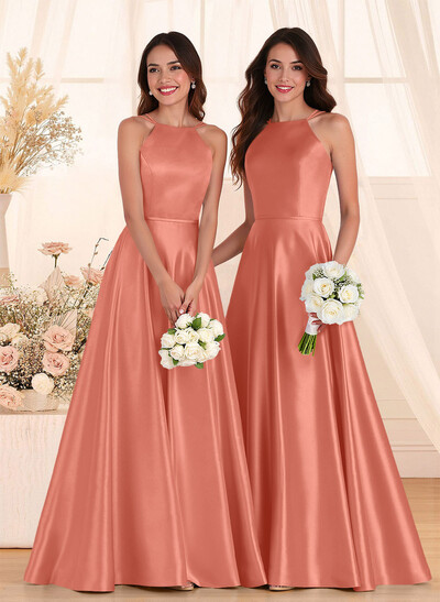 Classic Scoop Neck A-Line Floor-Length Satin Bridesmaid Dresses
