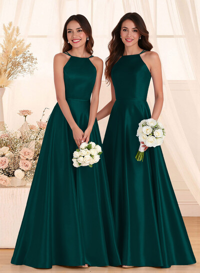 Classic Scoop Neck A-Line Floor-Length Satin Bridesmaid Dresses