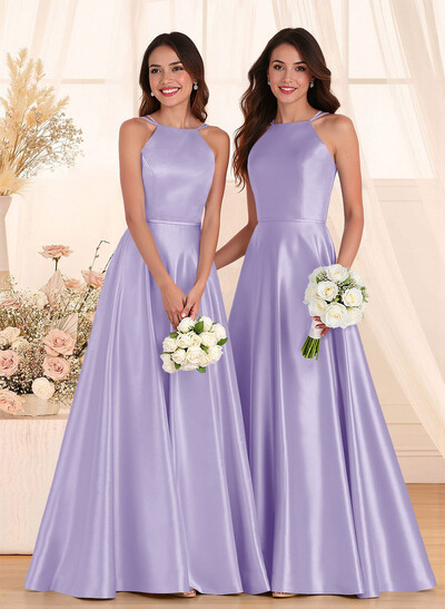 Classic Scoop Neck A-Line Floor-Length Satin Bridesmaid Dresses