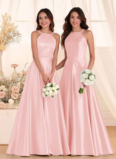 Classic Scoop Neck A-Line Floor-Length Satin Bridesmaid Dresses