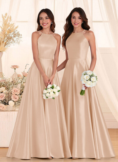 Classic Scoop Neck A-Line Floor-Length Satin Bridesmaid Dresses