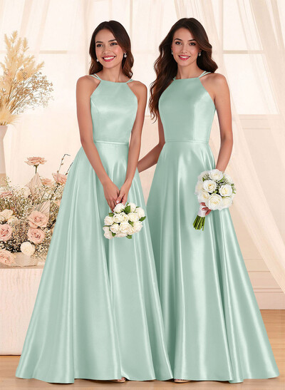 Classic Scoop Neck A-Line Floor-Length Satin Bridesmaid Dresses