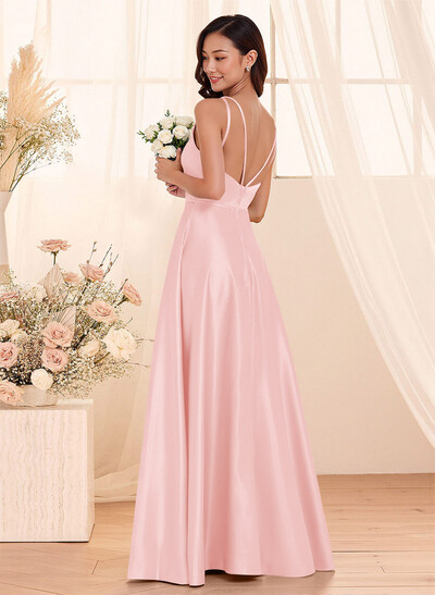 Classic Scoop Neck A-Line Floor-Length Satin Bridesmaid Dresses