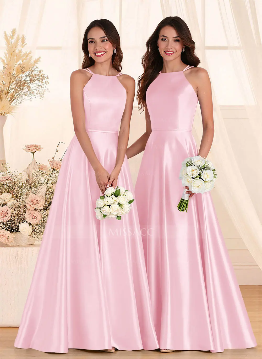 Classic Scoop Neck A-Line Floor-Length Satin Bridesmaid Dresses #SBD11480 $88