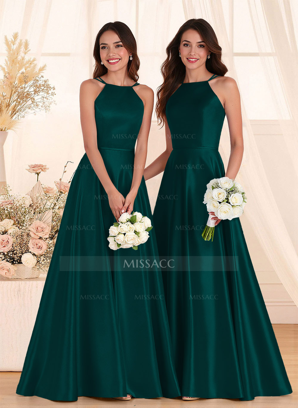 Classic Scoop Neck A-Line Floor-Length Satin Bridesmaid Dresses $88