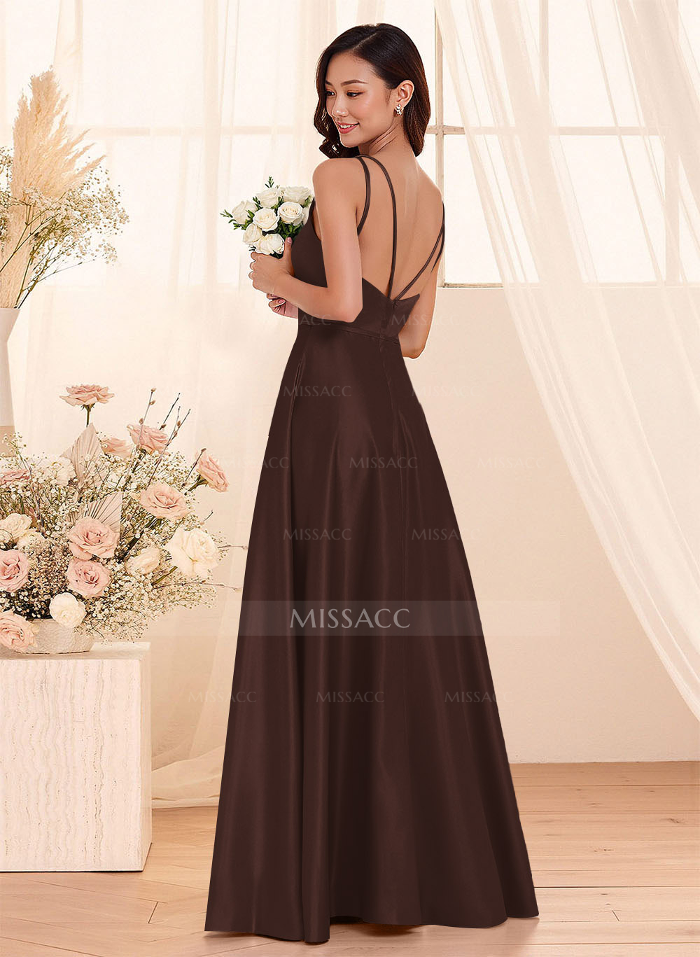 Classic Scoop Neck A-Line Floor-Length Satin Bridesmaid Dresses