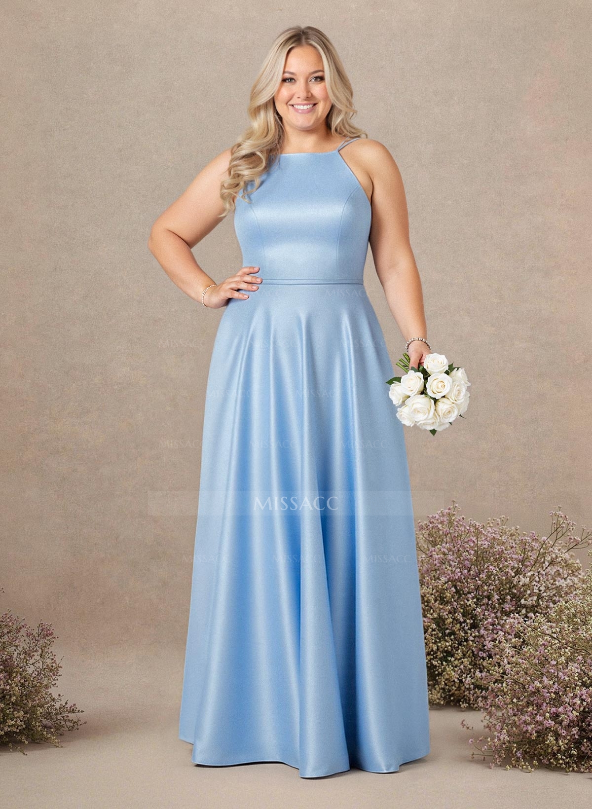 Classic Scoop Neck A-Line Floor-Length Satin Bridesmaid Dresses