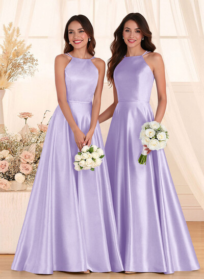 Classic Scoop Neck A-Line Floor-Length Satin Bridesmaid Dresses