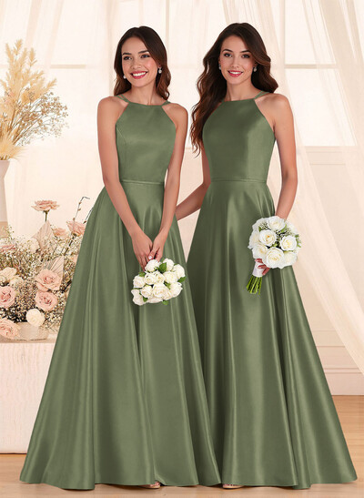 Classic Scoop Neck A-Line Floor-Length Satin Bridesmaid Dresses