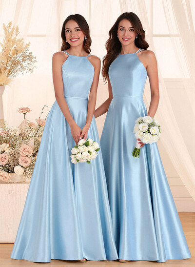 Classic Scoop Neck A-Line Floor-Length Satin Bridesmaid Dresses