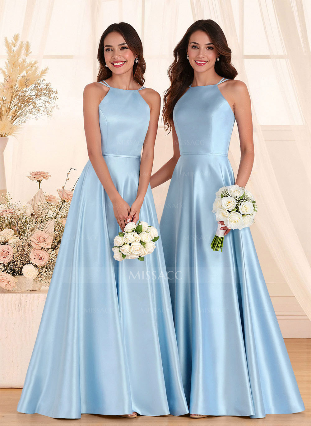 Classic Scoop Neck A-Line Floor-Length Satin Bridesmaid Dresses