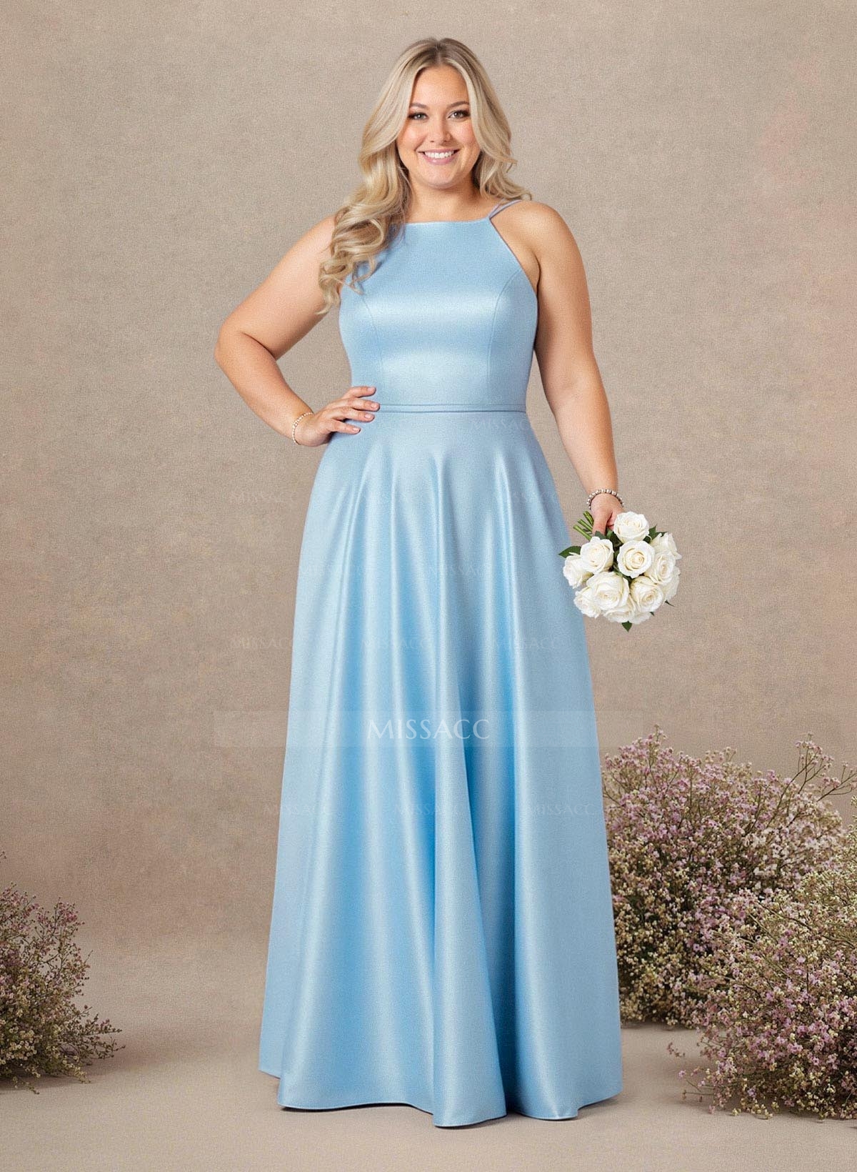 Classic Scoop Neck A-Line Floor-Length Satin Bridesmaid Dresses