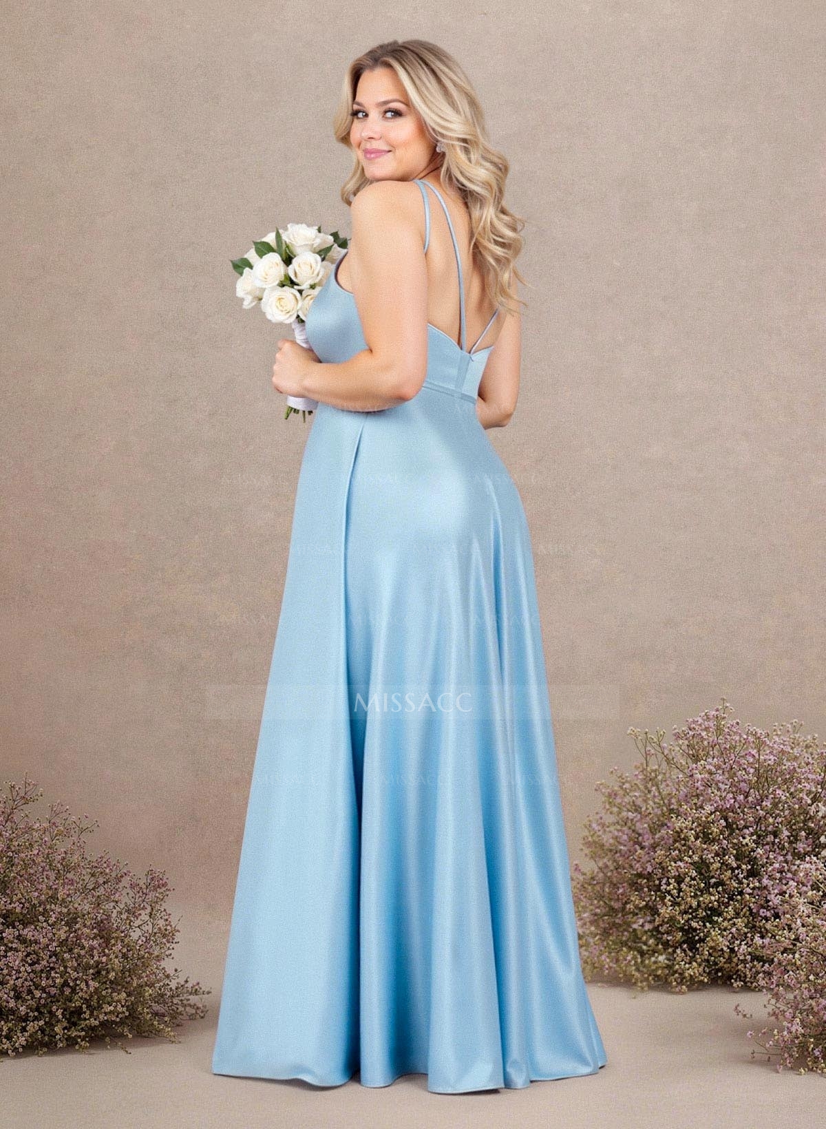 Classic Scoop Neck A-Line Floor-Length Satin Bridesmaid Dresses
