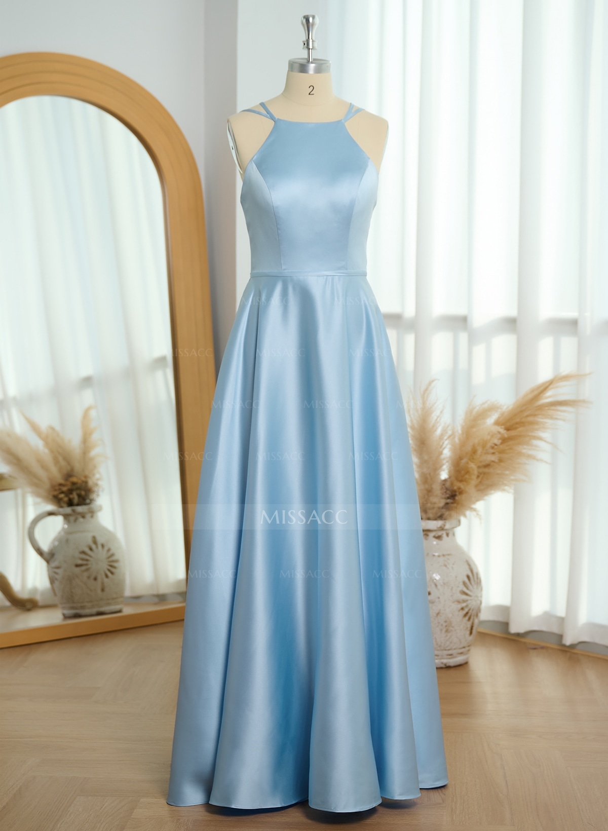 Classic Scoop Neck A-Line Floor-Length Satin Bridesmaid Dresses