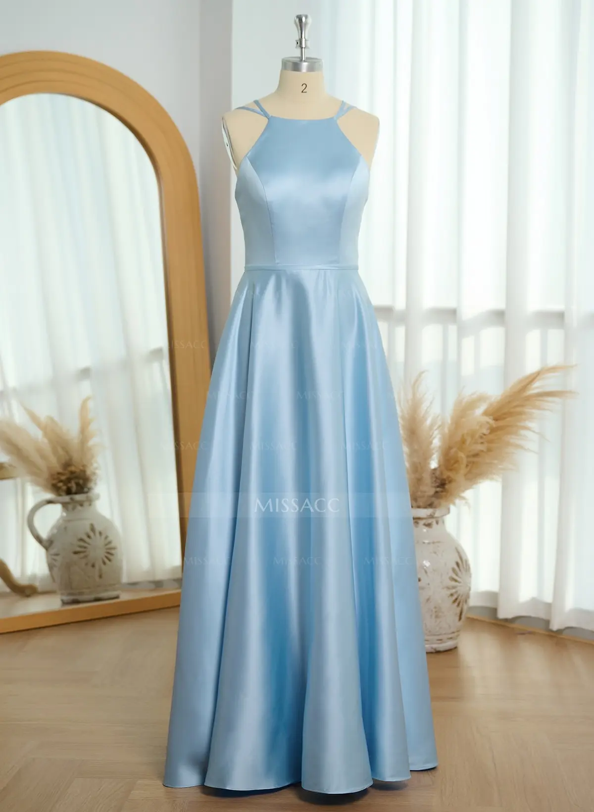 Missacc Home Try-on Hot Pink Bridesmaid Classic Scoop Neck A-Line Floor-Length Satin Bridesmaid Dresses