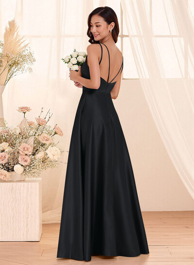 Classic Scoop Neck A-Line Floor-Length Satin Bridesmaid Dresses