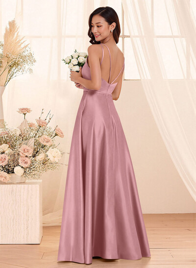 Classic Scoop Neck A-Line Floor-Length Satin Bridesmaid Dresses
