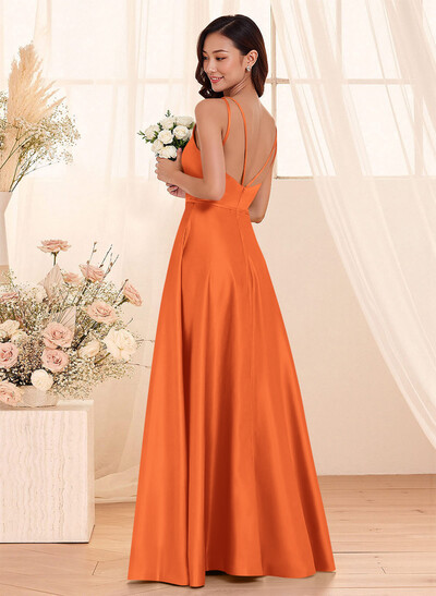 Classic Scoop Neck A-Line Floor-Length Satin Bridesmaid Dresses