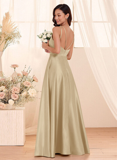 Classic Scoop Neck A-Line Floor-Length Satin Bridesmaid Dresses