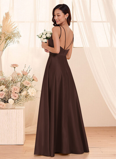 Classic Scoop Neck A-Line Floor-Length Satin Bridesmaid Dresses