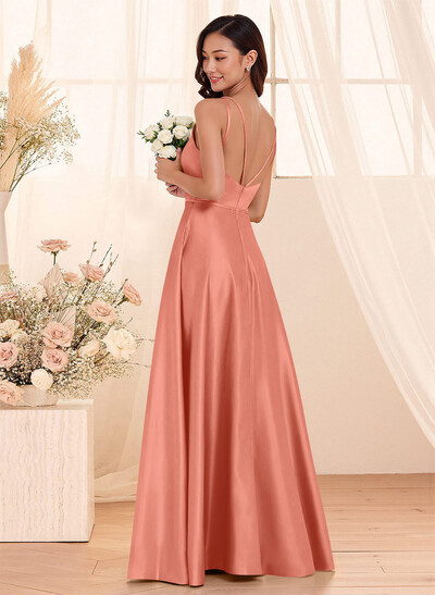 Classic Scoop Neck A-Line Floor-Length Satin Bridesmaid Dresses