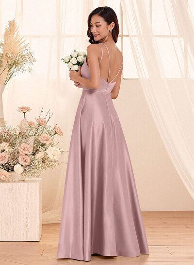 Classic Scoop Neck A-Line Floor-Length Satin Bridesmaid Dresses