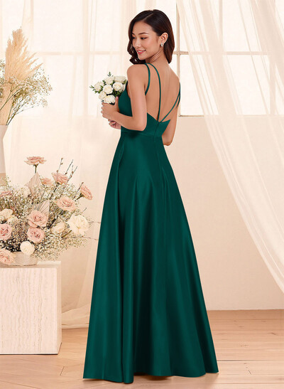 Classic Scoop Neck A-Line Floor-Length Satin Bridesmaid Dresses