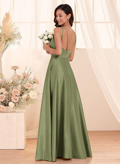 Classic Scoop Neck A-Line Floor-Length Satin Bridesmaid Dresses