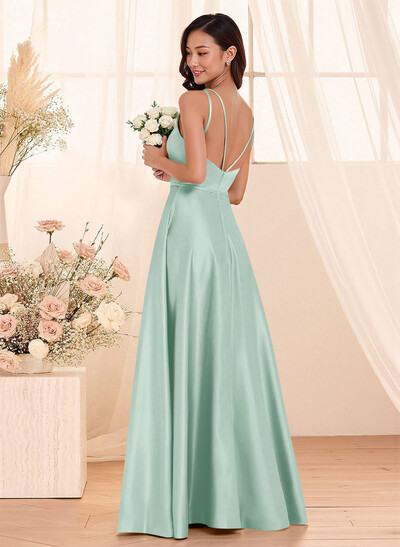 Classic Scoop Neck A-Line Floor-Length Satin Bridesmaid Dresses