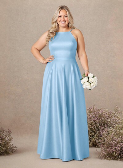 Classic Scoop Neck A-Line Floor-Length Satin Bridesmaid Dresses