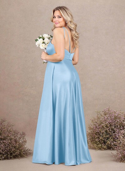 Classic Scoop Neck A-Line Floor-Length Satin Bridesmaid Dresses