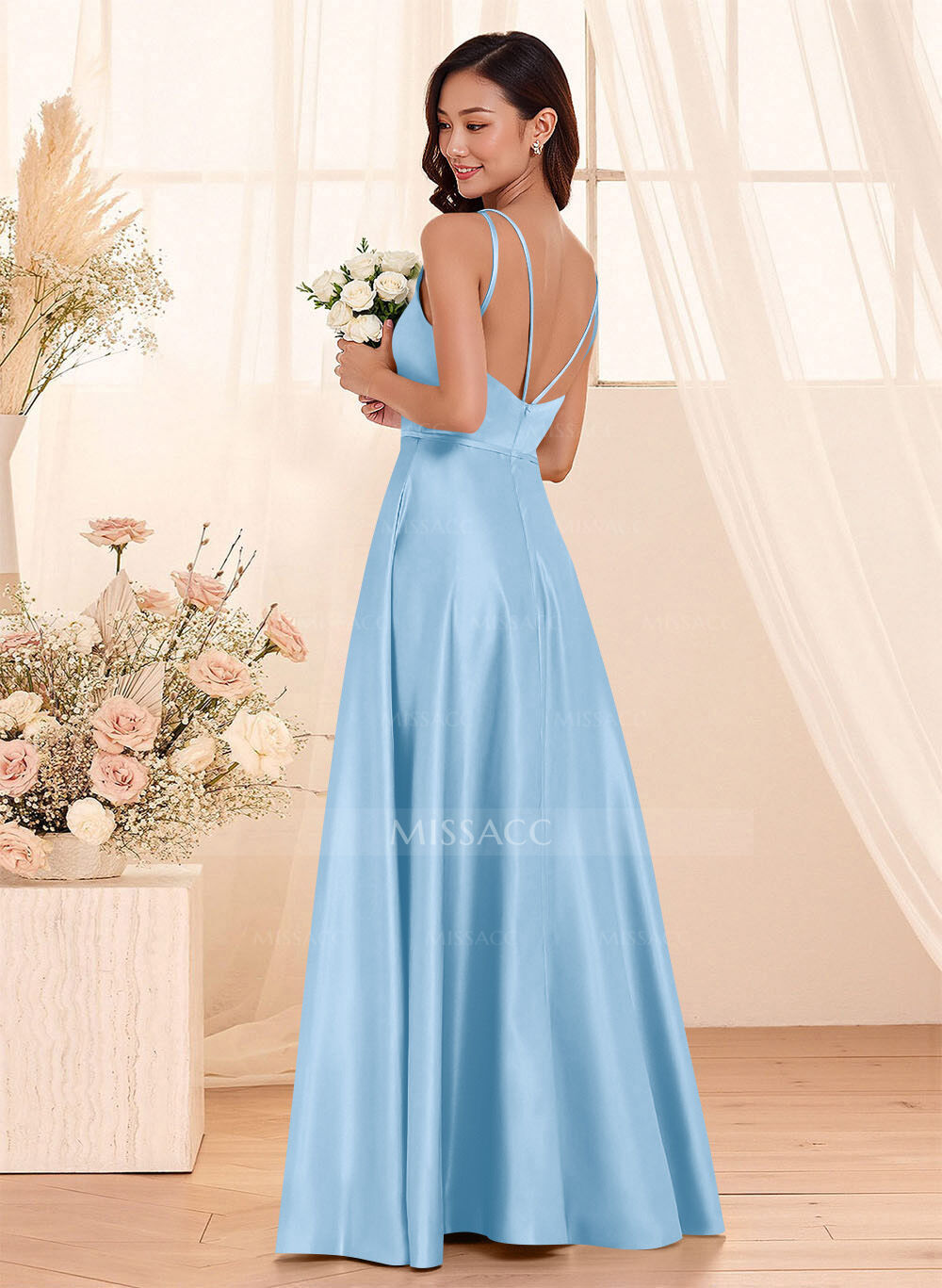 Classic Scoop Neck A-Line Floor-Length Satin Bridesmaid Dresses