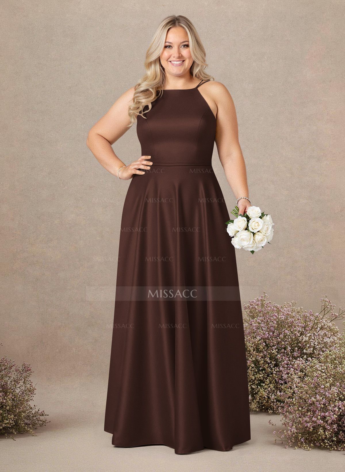 Classic Scoop Neck A-Line Floor-Length Satin Bridesmaid Dresses