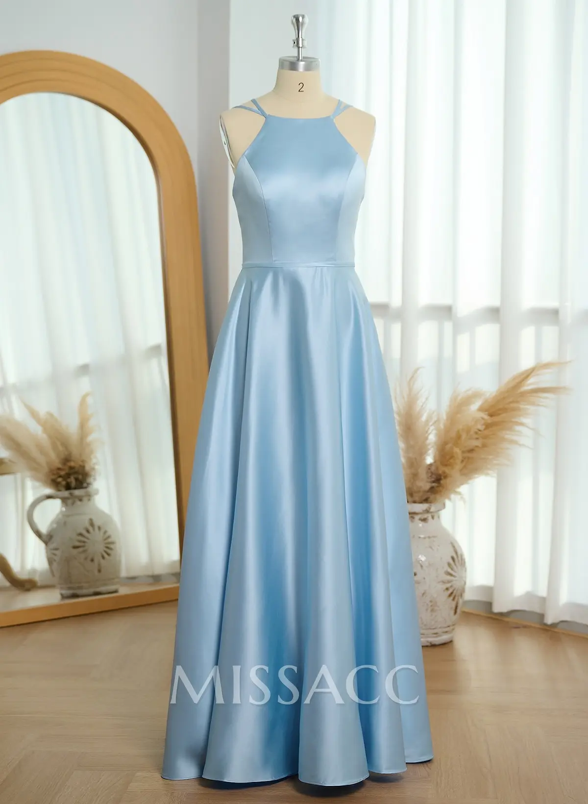 Missacc Mulberry Bridesmaid Classic Scoop Neck A-Line Floor-Length Satin Bridesmaid Dresses