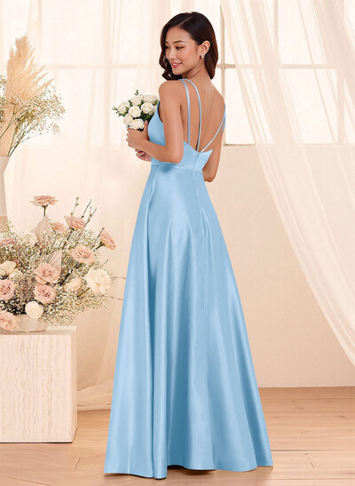 Classic Scoop Neck A-Line Floor-Length Satin Bridesmaid Dresses