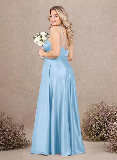 Classic Scoop Neck A-Line Floor-Length Satin Bridesmaid Dresses