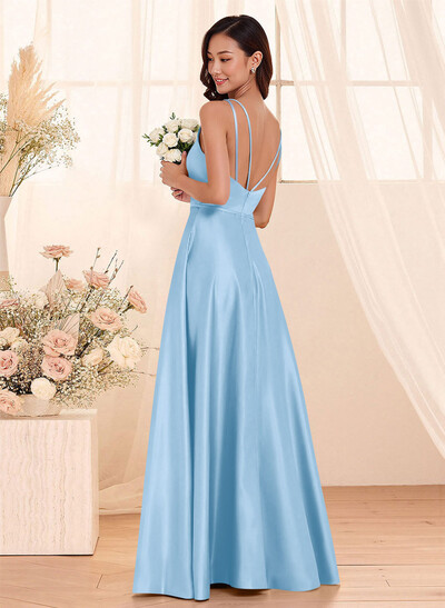 Classic Scoop Neck A-Line Floor-Length Satin Bridesmaid Dresses